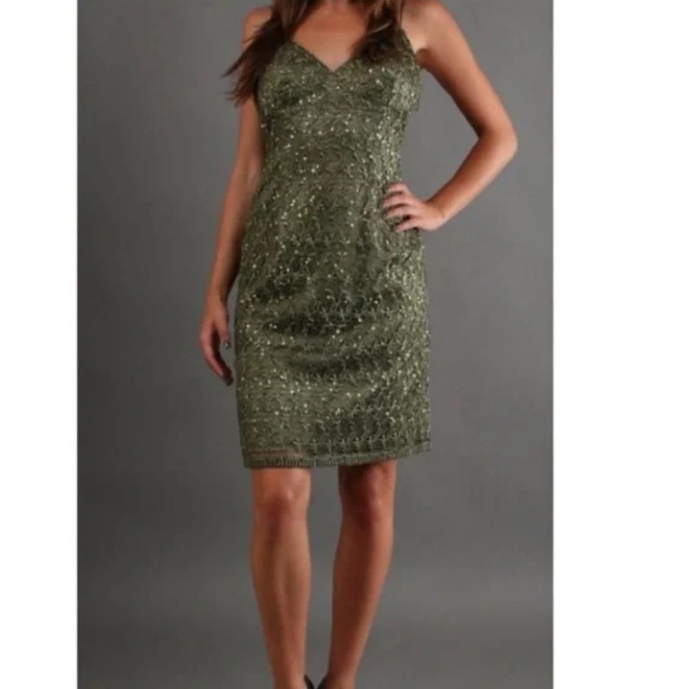 Adrianna Papell Olive Green Sequin Lace Spaghetti Straps Dress